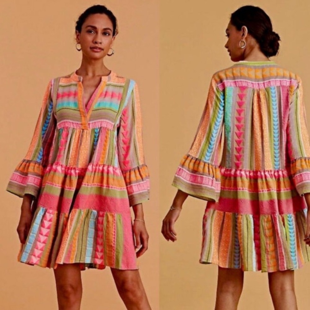 DEVOTION TWINS Ella Short Dress Embroidered Swing Tunic Boho Pink/Orange Medium